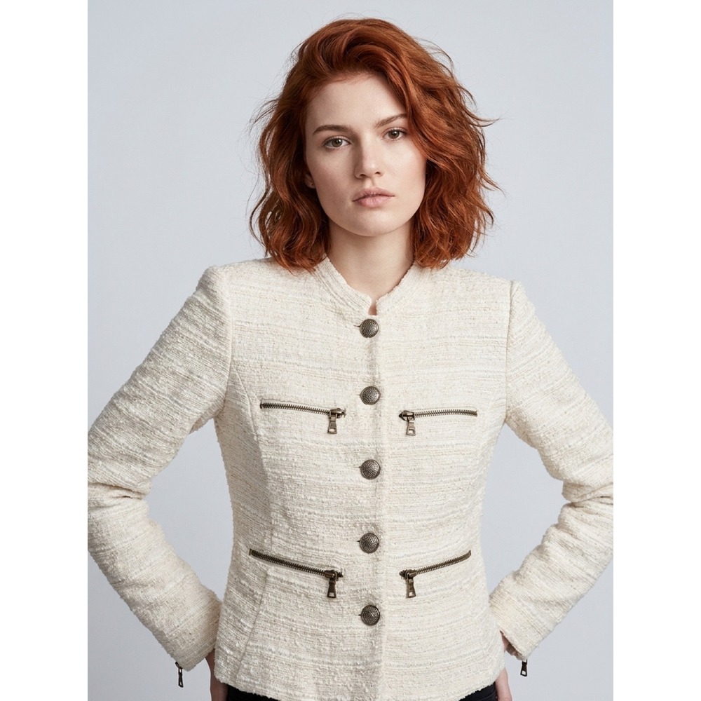 Zara Basic Cream Boucle Tweed Military Jacket Zipper Pockets Cream sz Small